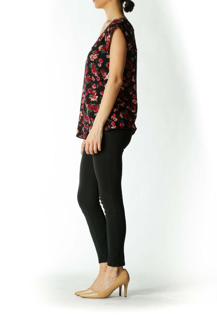 Black Red and Green Floral Cap-Sleeve Blouse with Cut-Out Collar Detailing