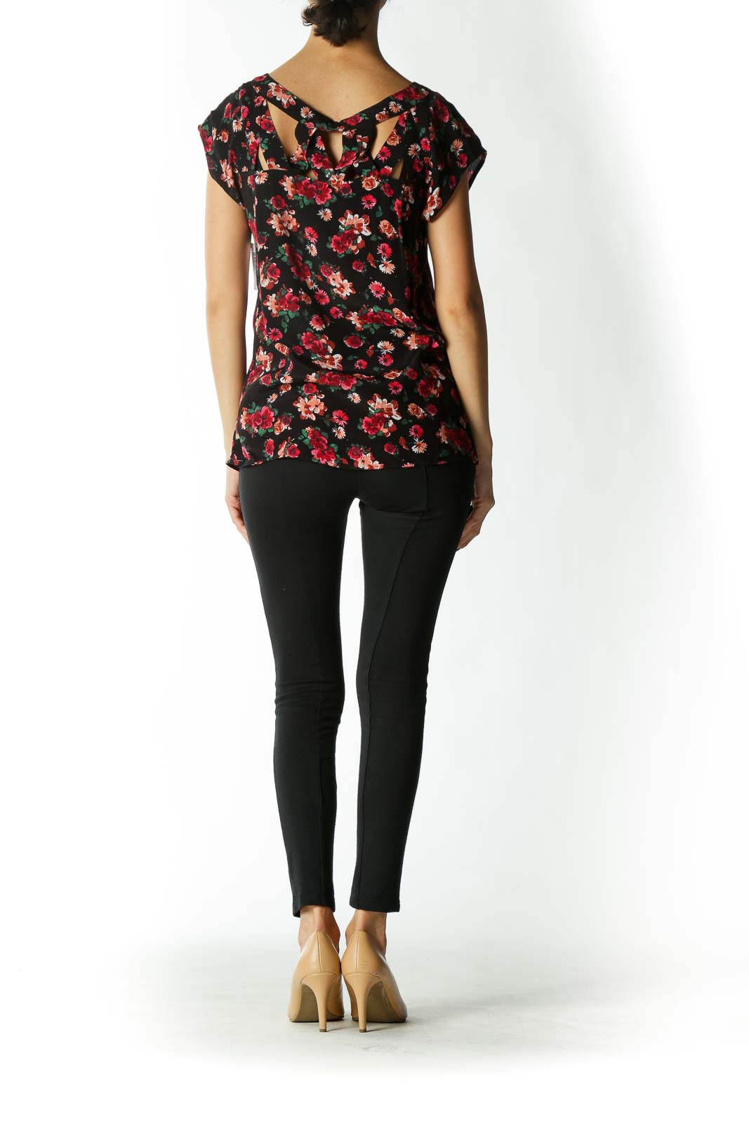 Black Red and Green Floral Cap-Sleeve Blouse with Cut-Out Collar Detailing