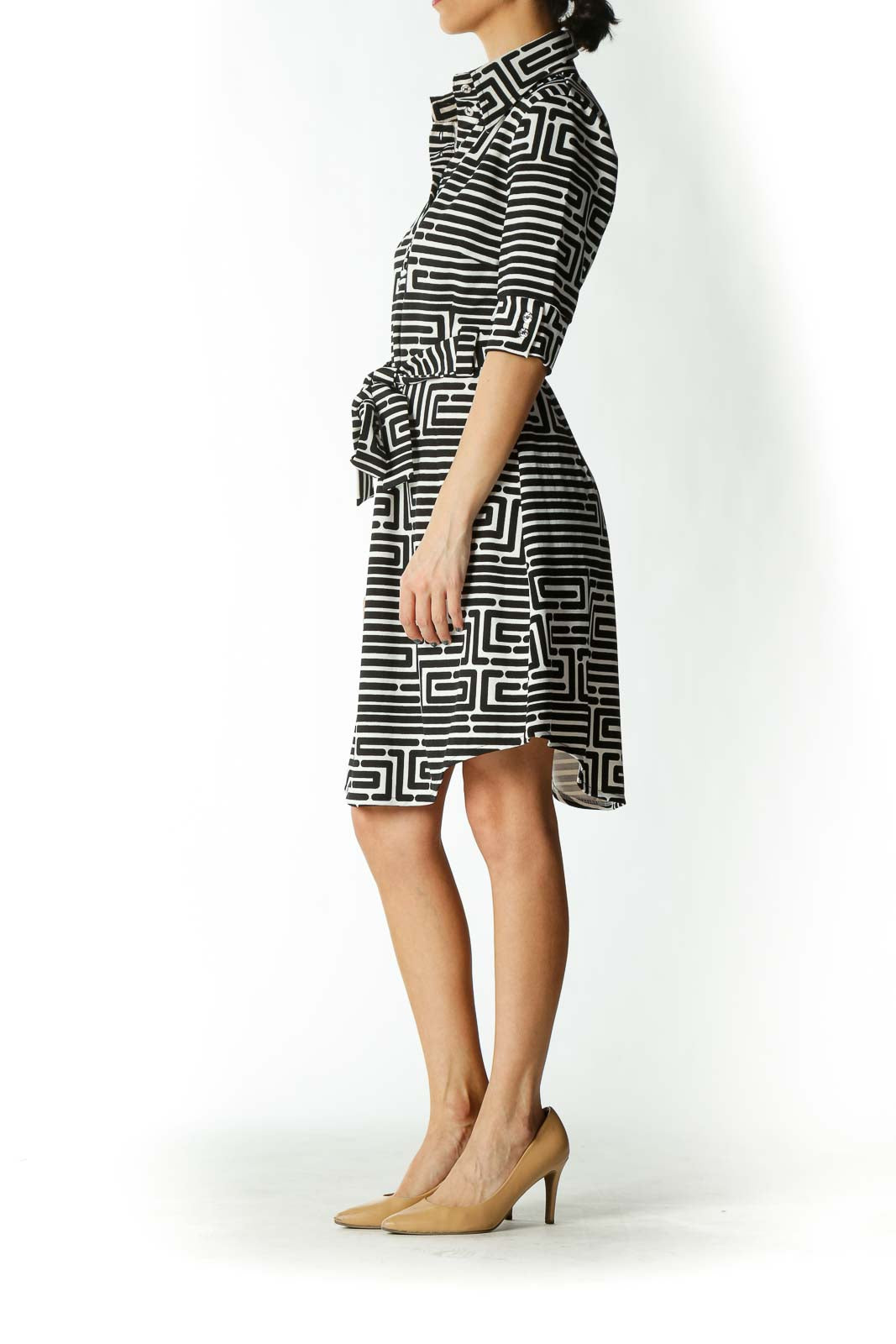 Black and White Striped Shirt Dress with Belt