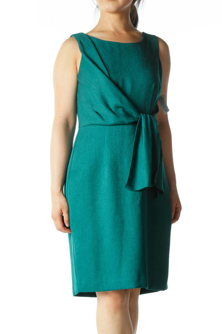 Emerald-Green Front-Tie A-Line Work Dress