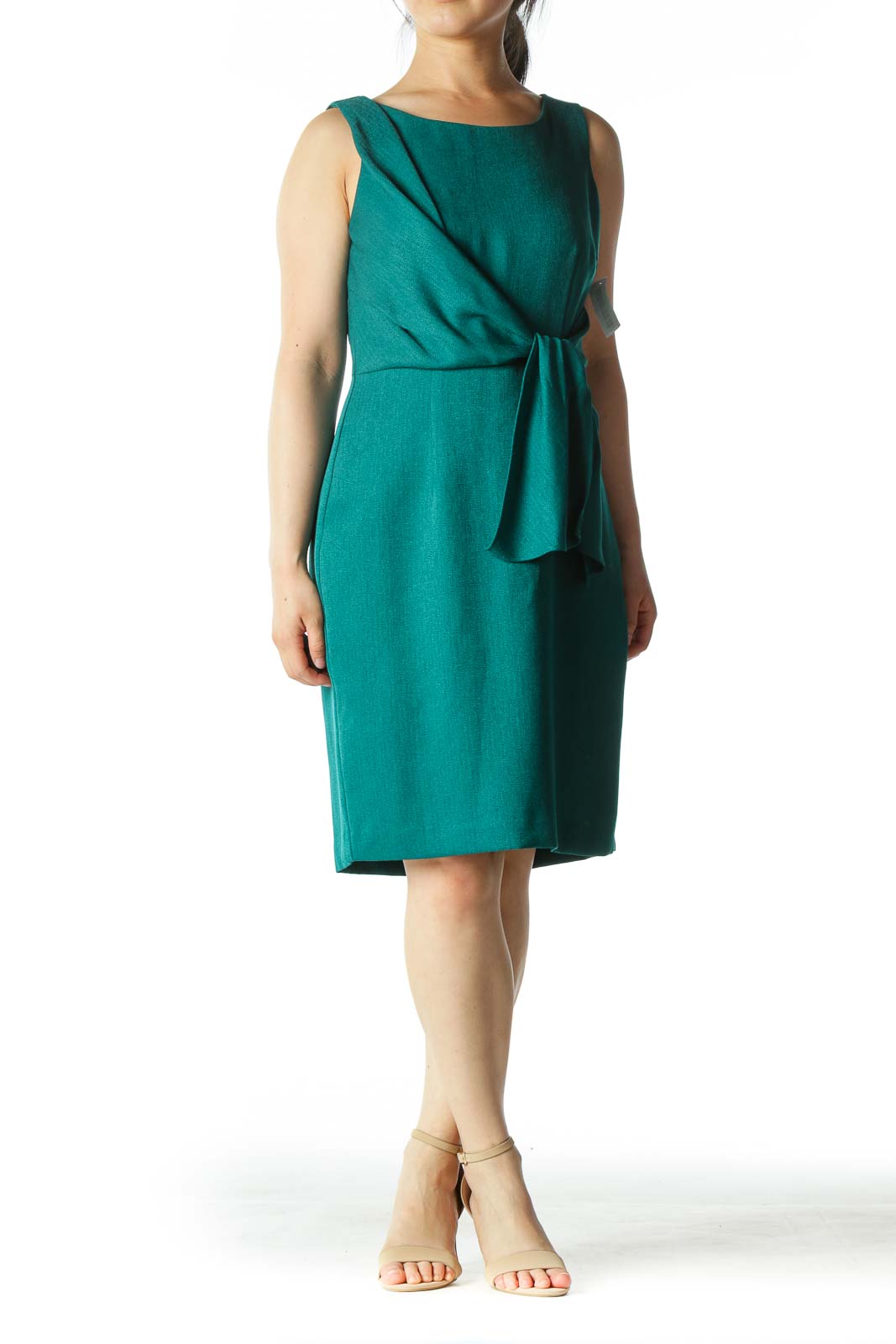 Emerald-Green Front-Tie A-Line Work Dress