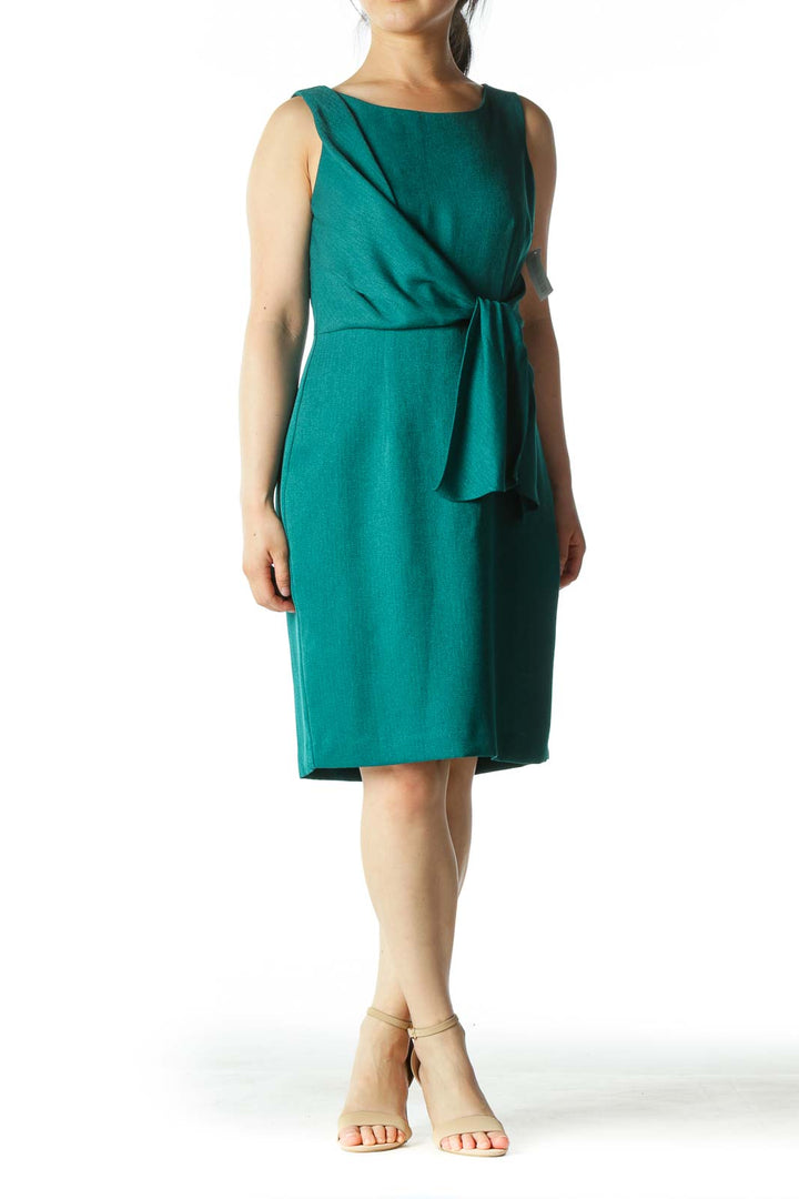 Emerald-Green Front-Tie A-Line Work Dress