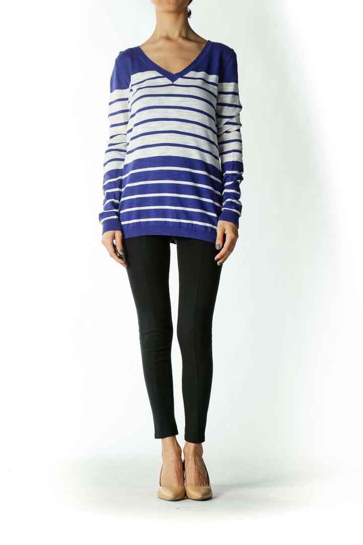 Blue and White Striped V-Neck Light-Weight Sweater