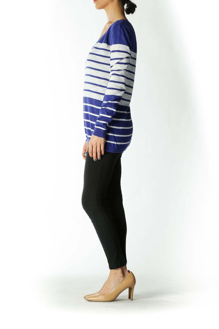 Blue and White Striped V-Neck Light-Weight Sweater