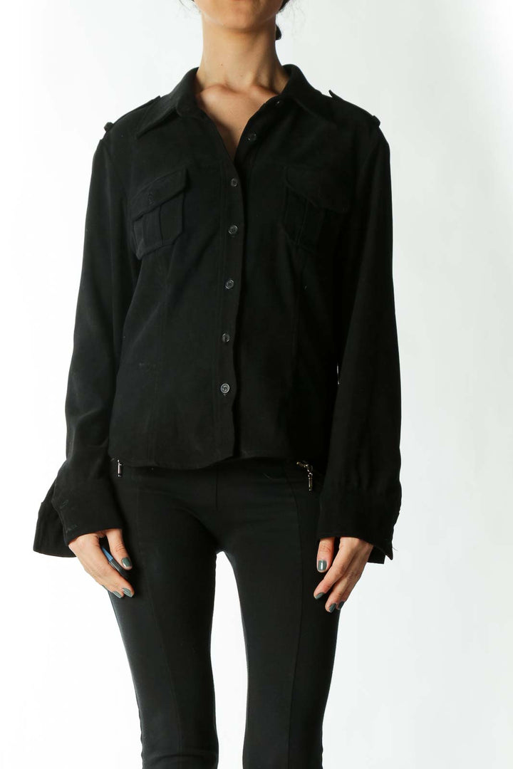 Black Epaulet Pocketed Button Down Shirt