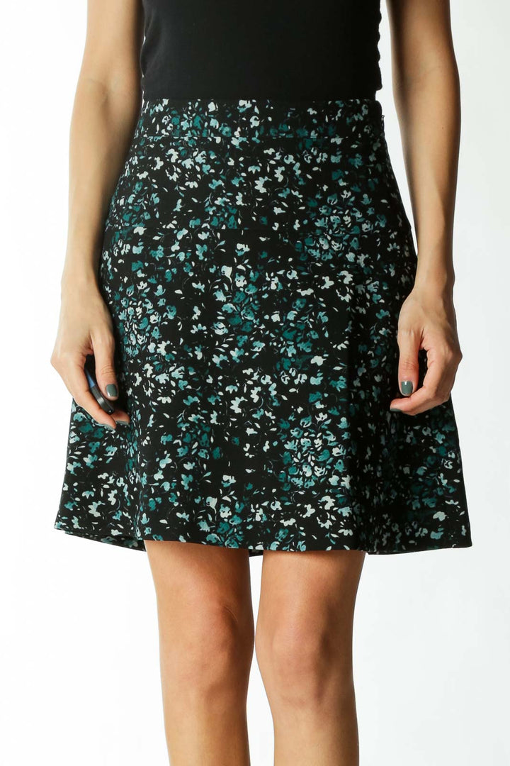 Black Small-Floral-Print Lined Flared Skirt