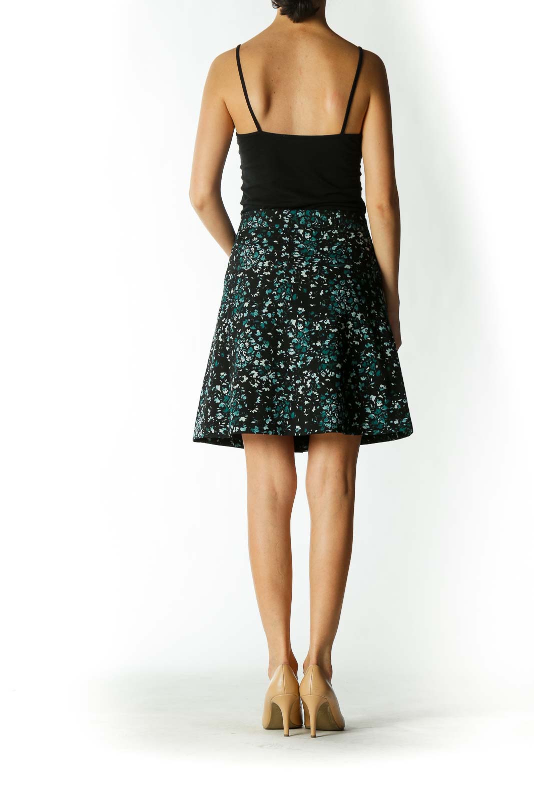 Black Small-Floral-Print Lined Flared Skirt