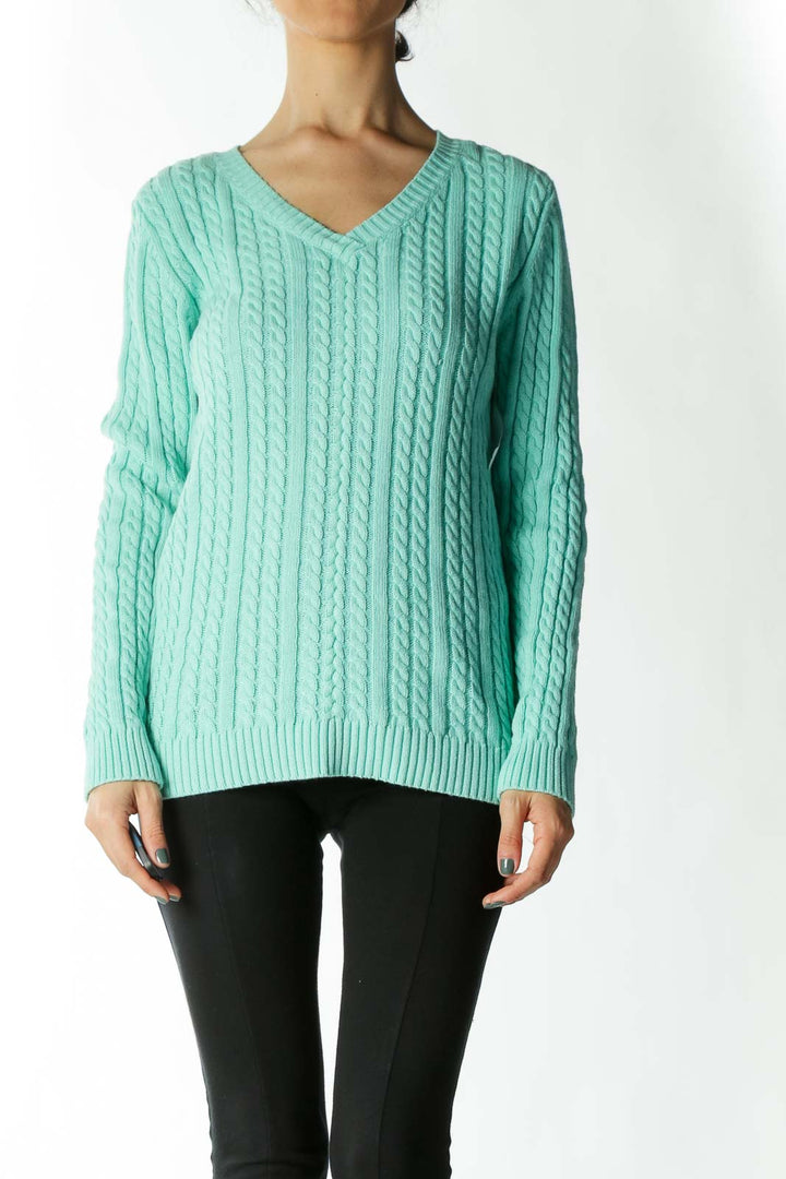 Mint Cable-Knit V-Neck Sweater