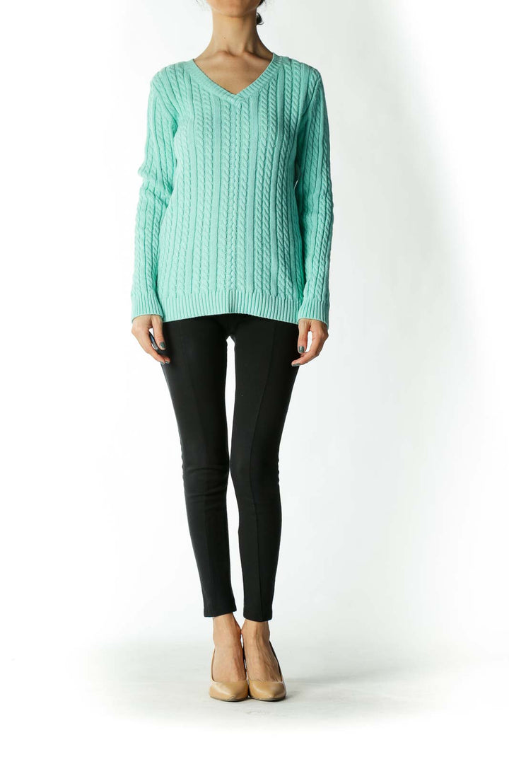 Mint Cable-Knit V-Neck Sweater