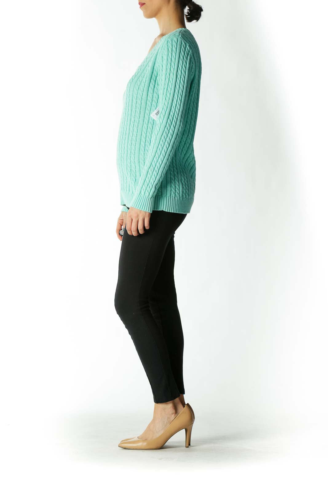 Mint Cable-Knit V-Neck Sweater