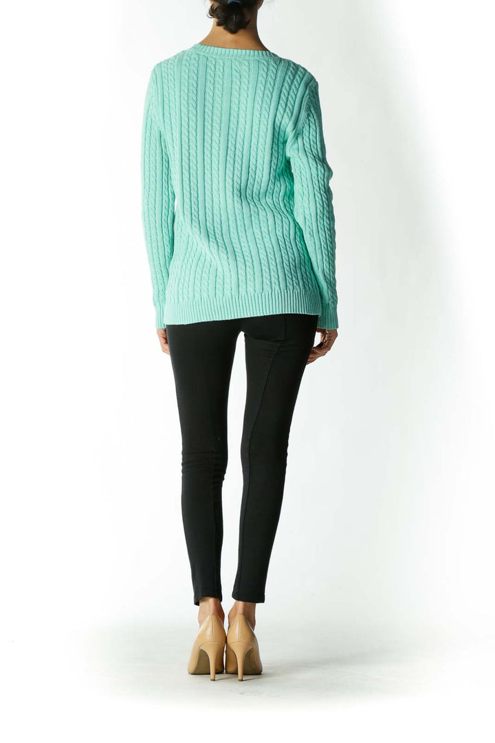 Mint Cable-Knit V-Neck Sweater