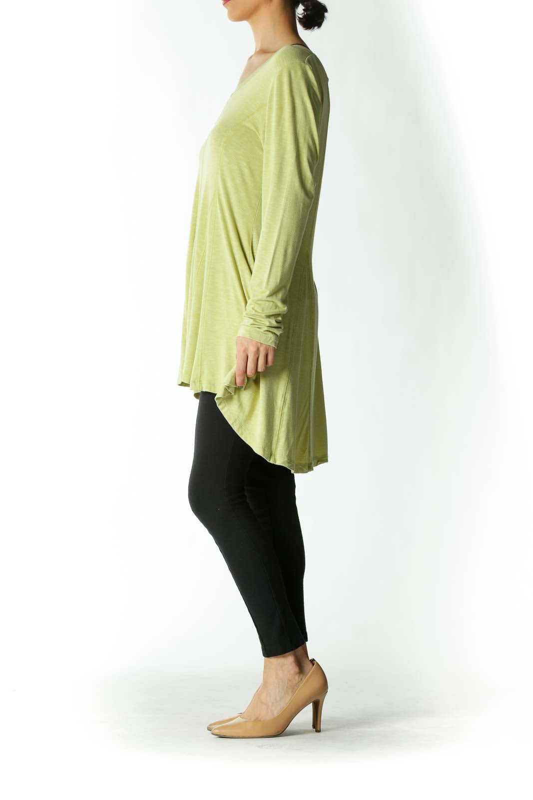 Light-Green Stretch Topstitching High-Low Tunic Top