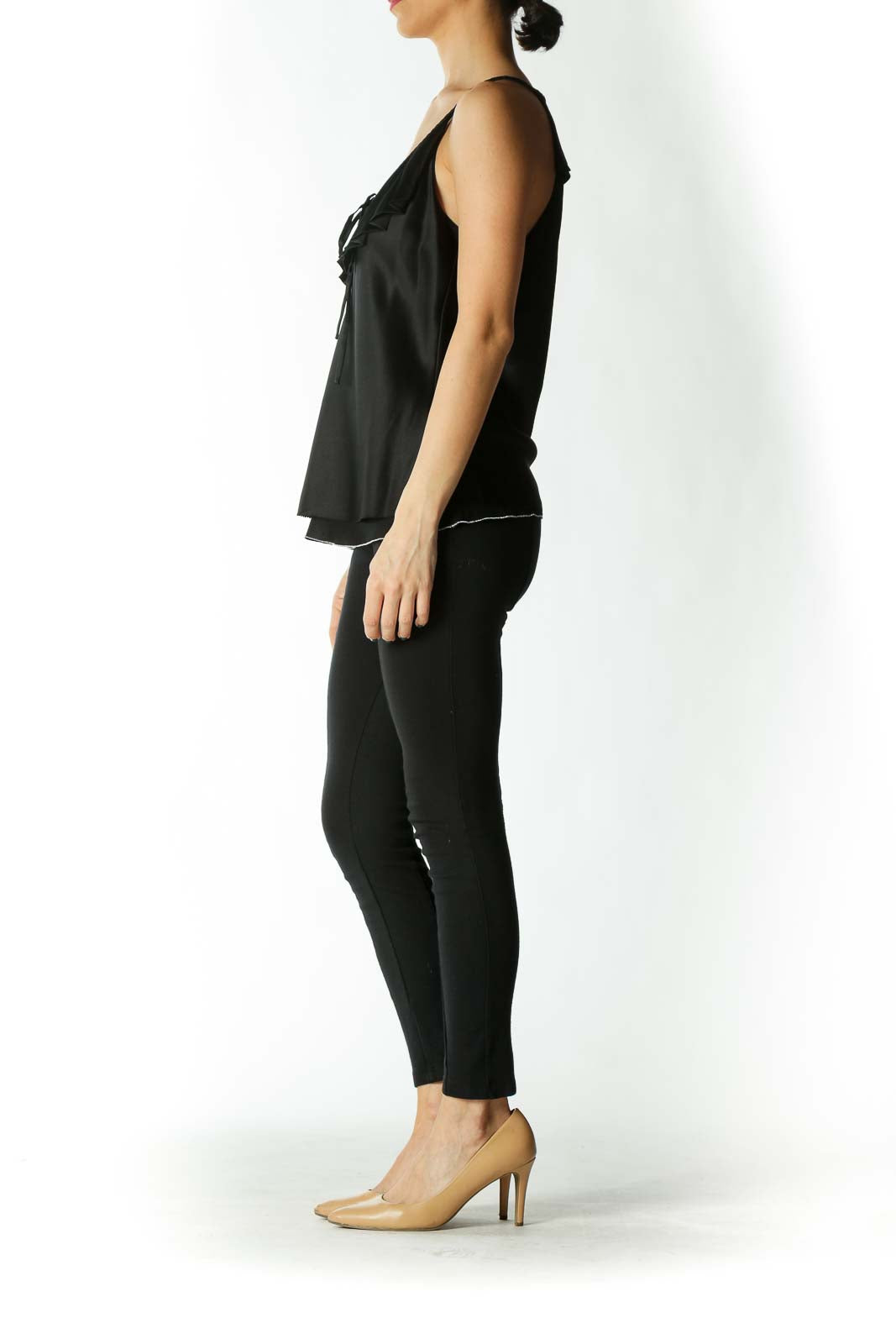 Black Spaghetti Strap Blouse with Ruffled Detail