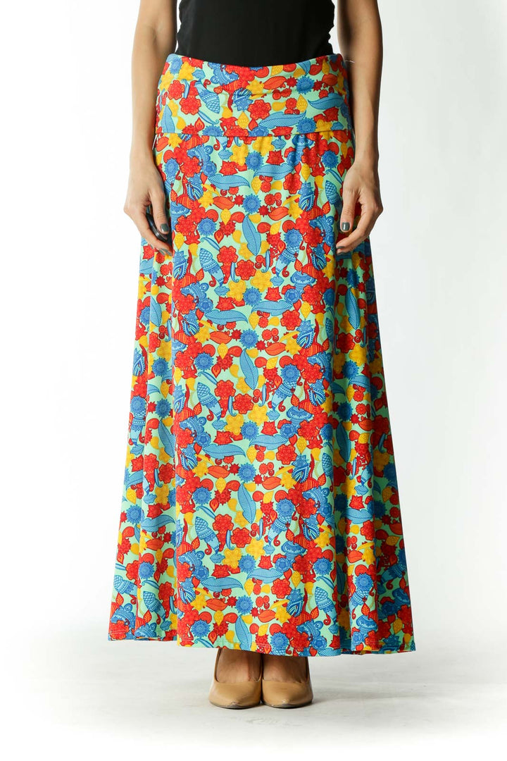 Multicolored Mixed-Print Stretch Flared Maxi Skirt