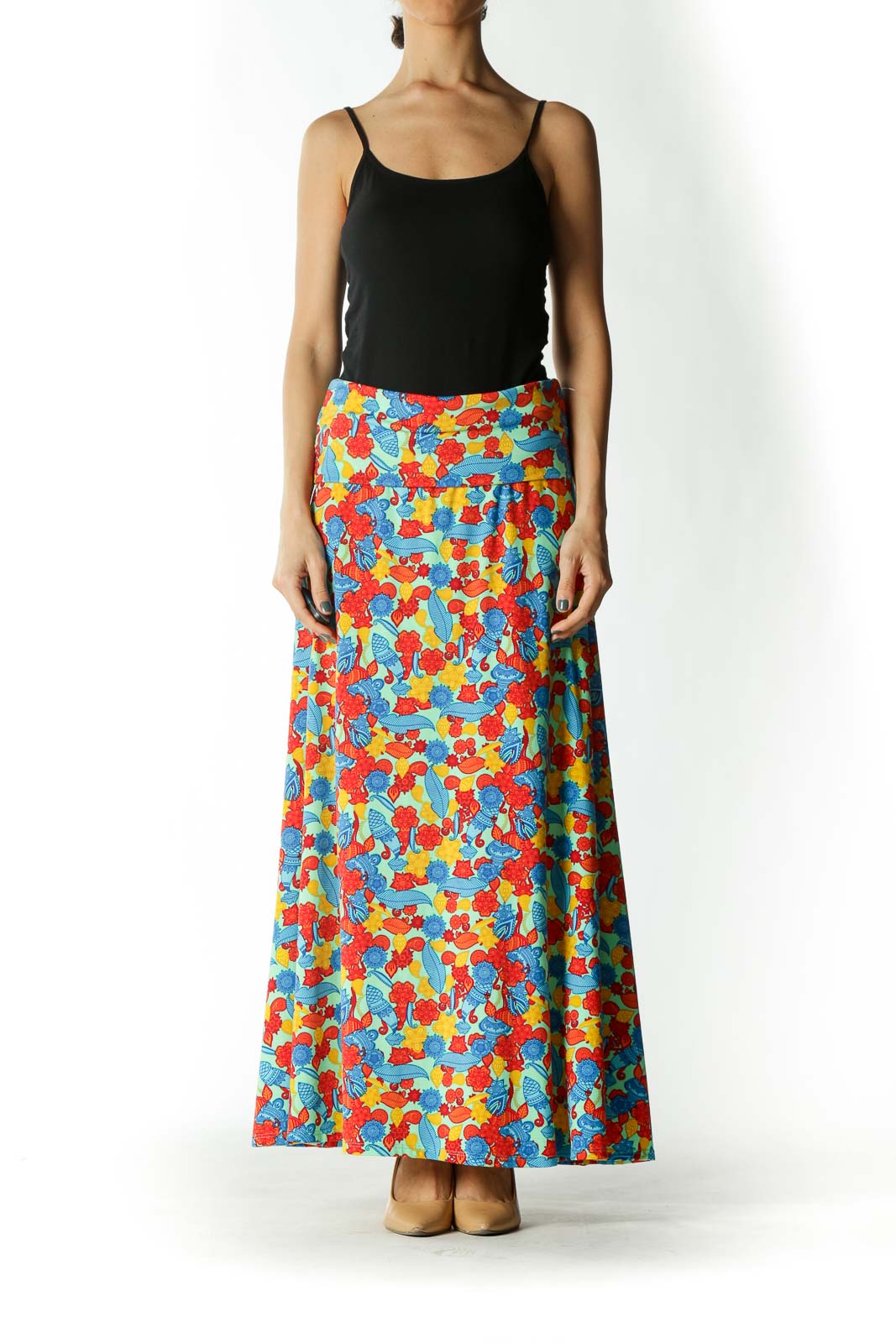 Multicolored Mixed-Print Stretch Flared Maxi Skirt