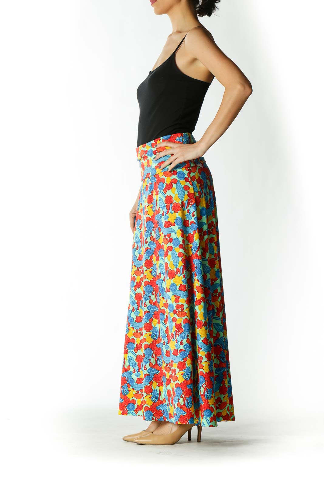 Multicolored Mixed-Print Stretch Flared Maxi Skirt