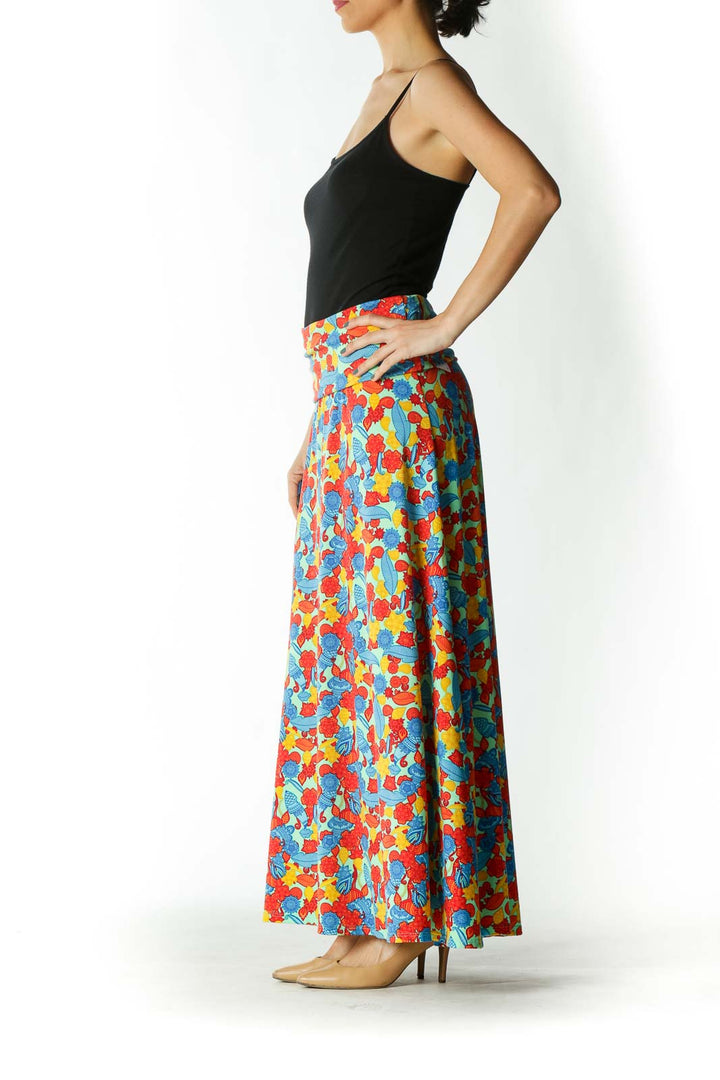 Multicolored Mixed-Print Stretch Flared Maxi Skirt