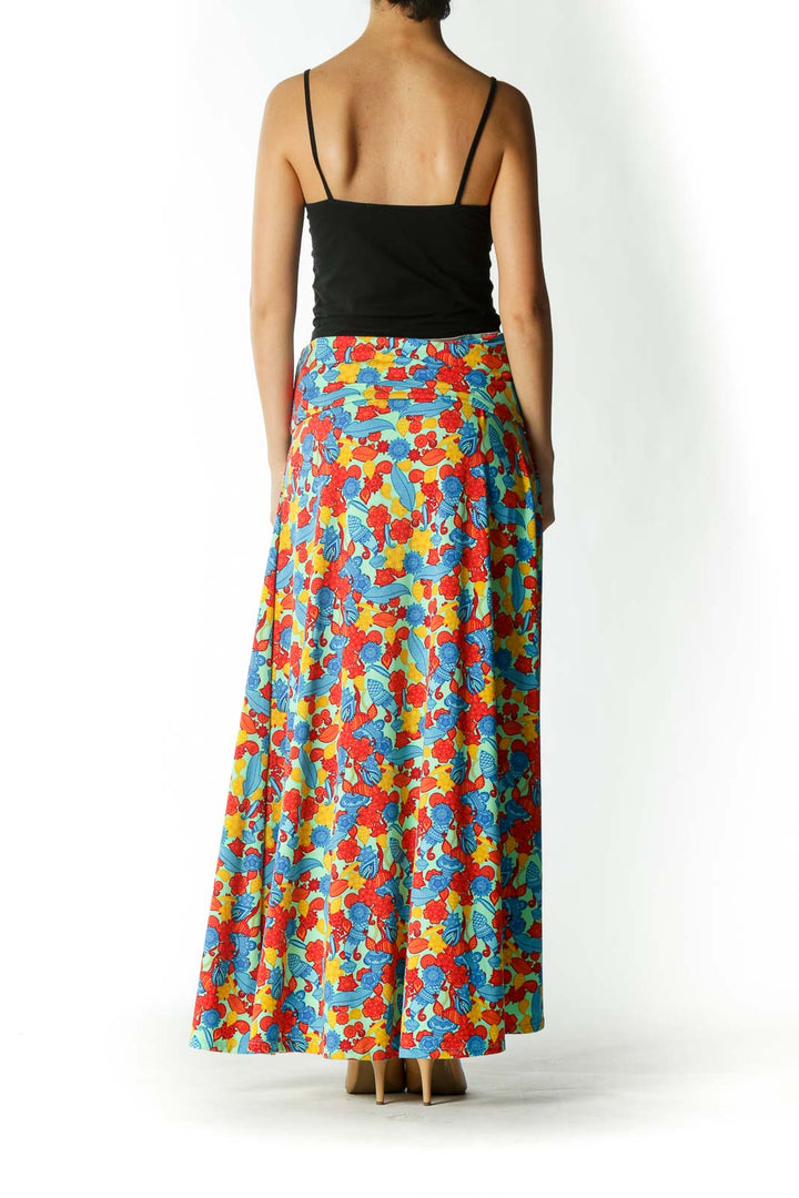 Multicolored Mixed-Print Stretch Flared Maxi Skirt