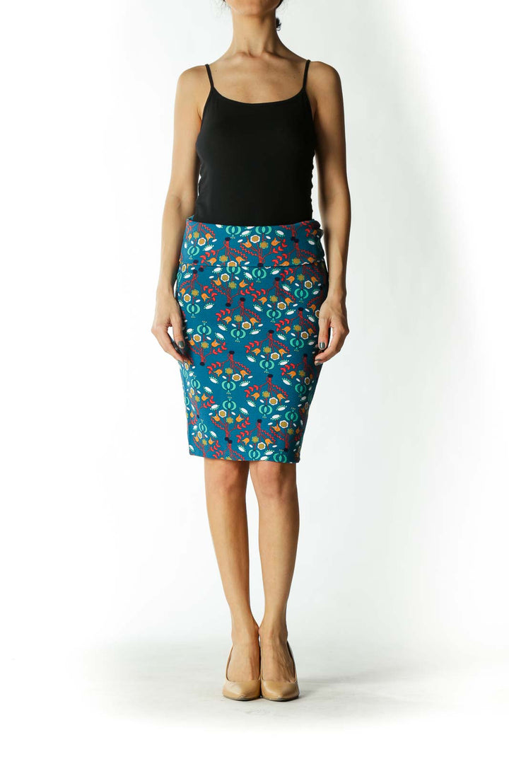 Blue Floral Print Tube Skirt