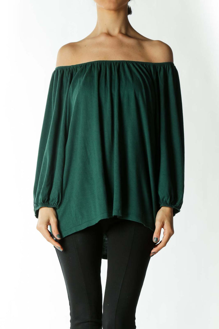 Forest Green Off-The-Shoulder Peasant Sleeve Knit Top