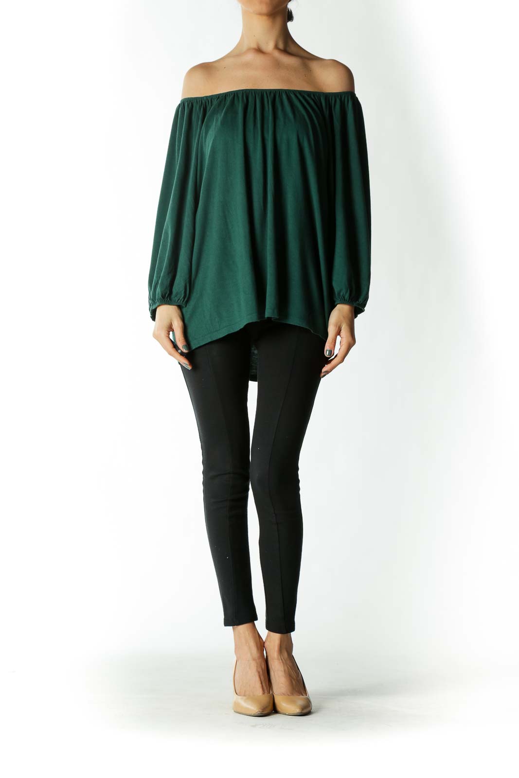 Forest Green Off-The-Shoulder Peasant Sleeve Knit Top