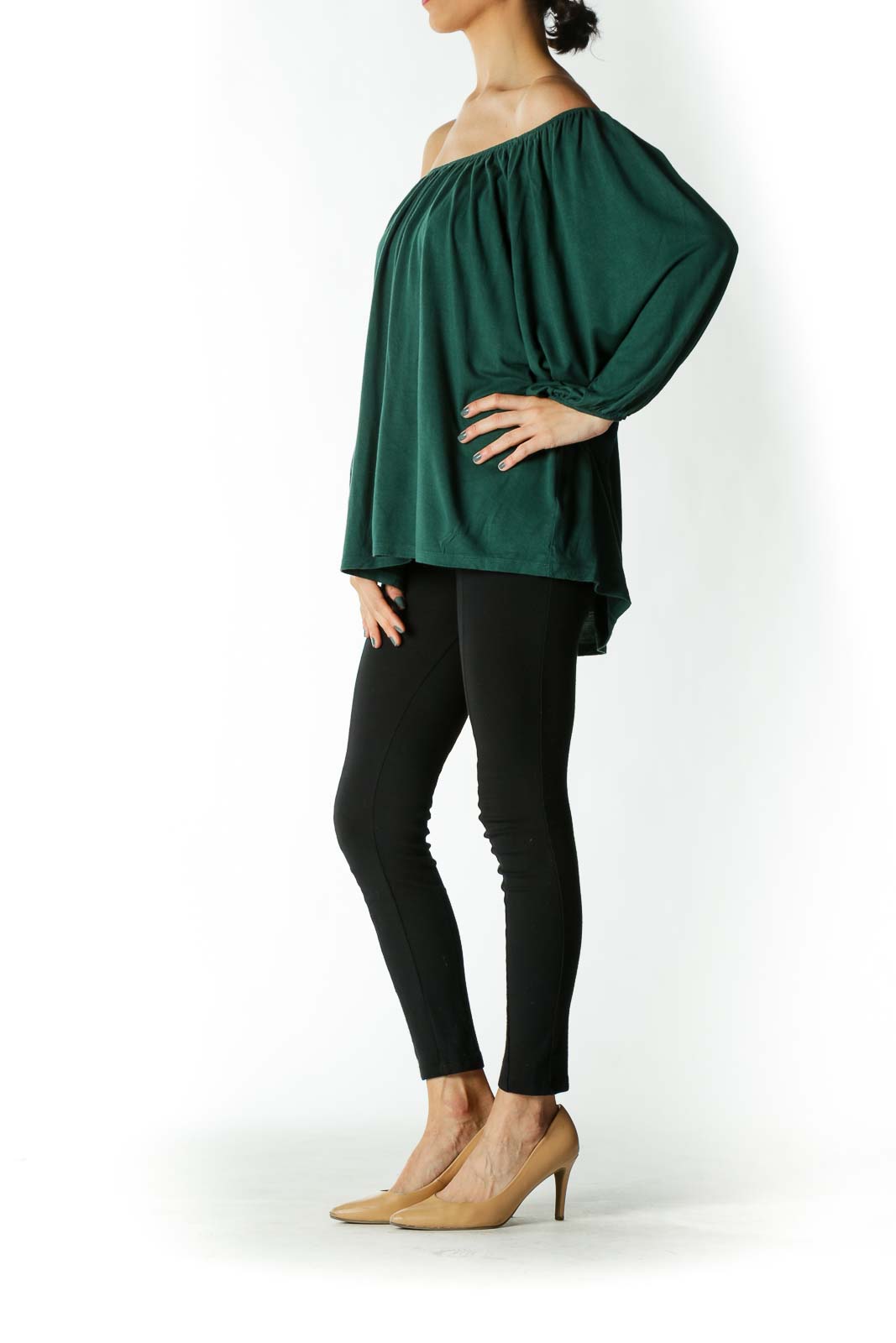 Forest Green Off-The-Shoulder Peasant Sleeve Knit Top