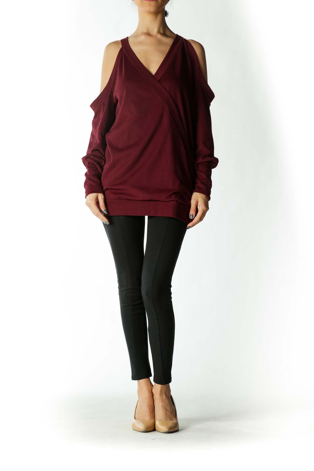 Burgundy Cross-Front Cold-Shoulder V-Neck Long-Sleeve Knit