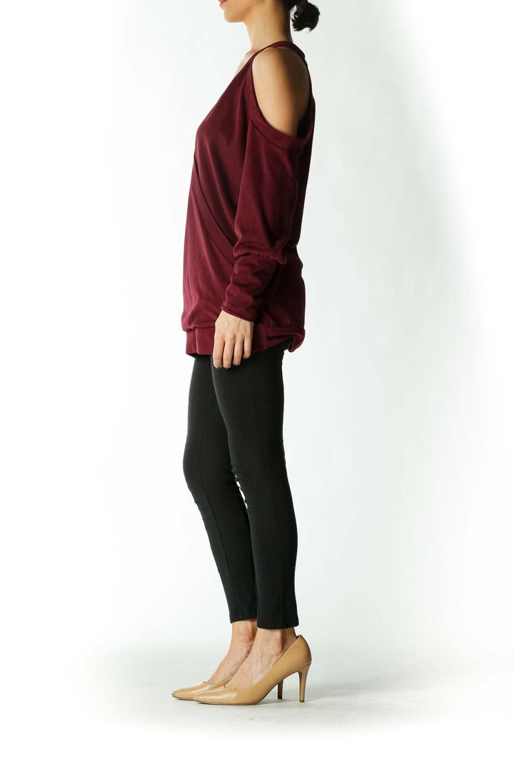 Burgundy Cross-Front Cold-Shoulder V-Neck Long-Sleeve Knit