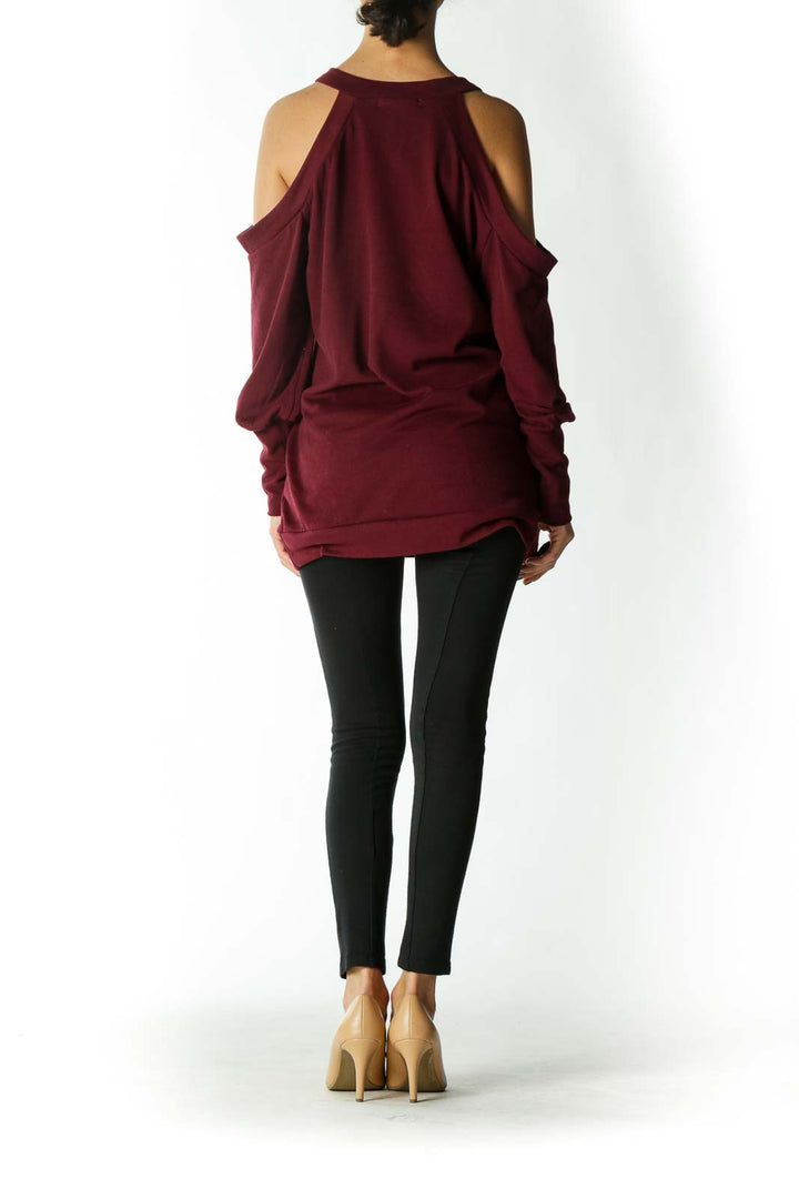 Burgundy Cross-Front Cold-Shoulder V-Neck Long-Sleeve Knit