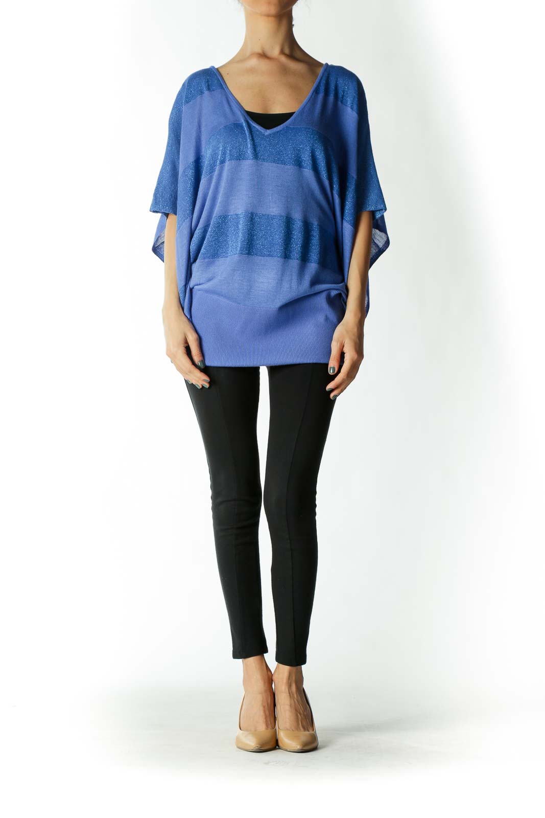 Blue Metallic Striped Shirt with Bat Sleeves