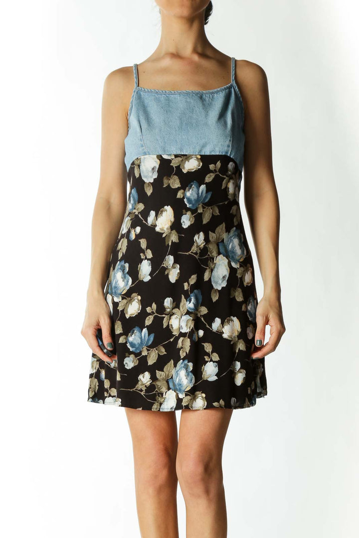 Multicolored Denim Upper Floral-Print Flared Day Dress