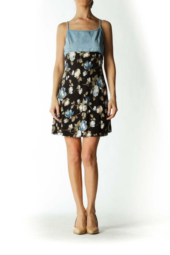 Multicolored Denim Upper Floral-Print Flared Day Dress