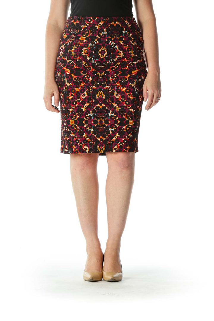 Multicolored Mixed-Print Stretch Pencil Skirt