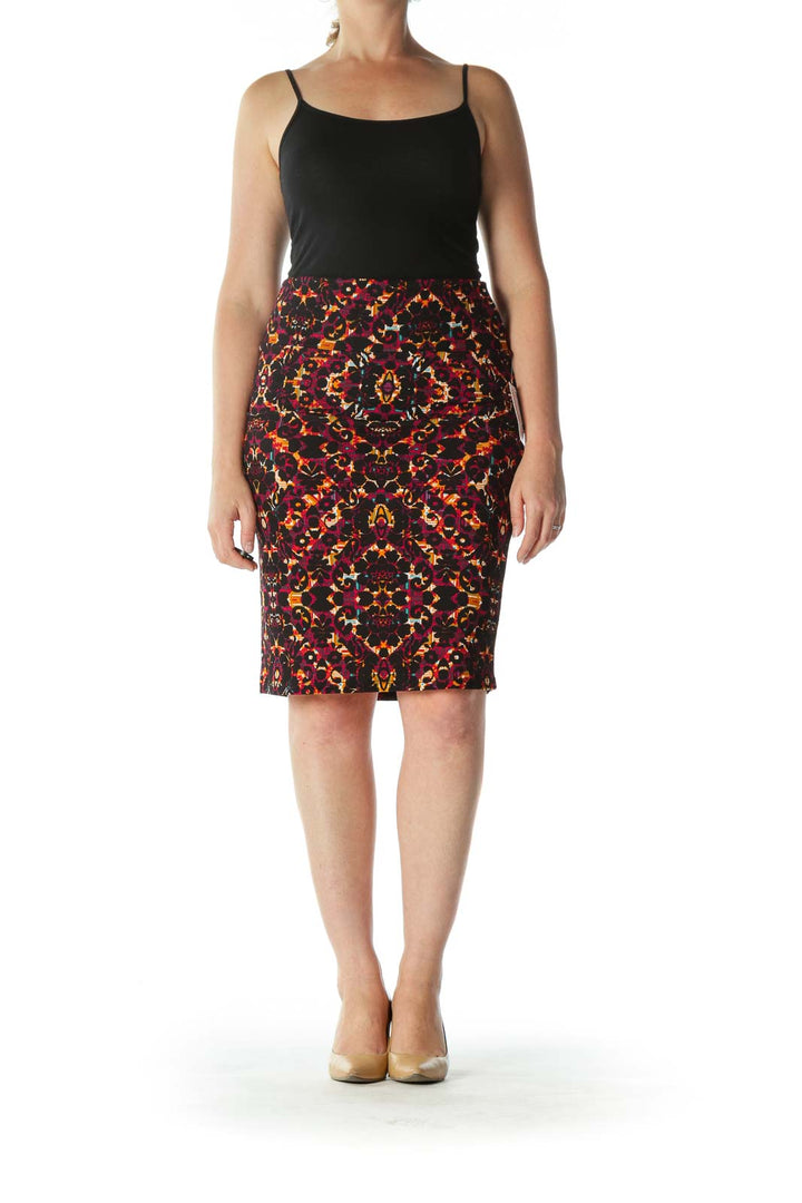 Multicolored Mixed-Print Stretch Pencil Skirt