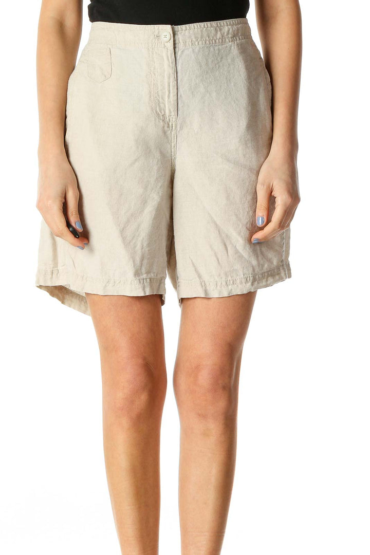 Beige 100% Linen Elastic-Waist Light-Weight Shorts