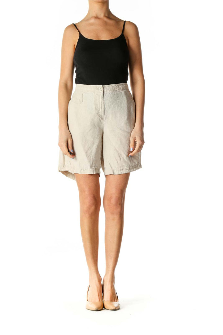 Beige 100% Linen Elastic-Waist Light-Weight Shorts