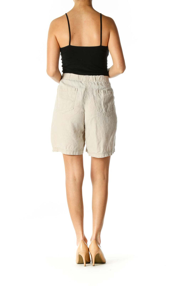 Beige 100% Linen Elastic-Waist Light-Weight Shorts