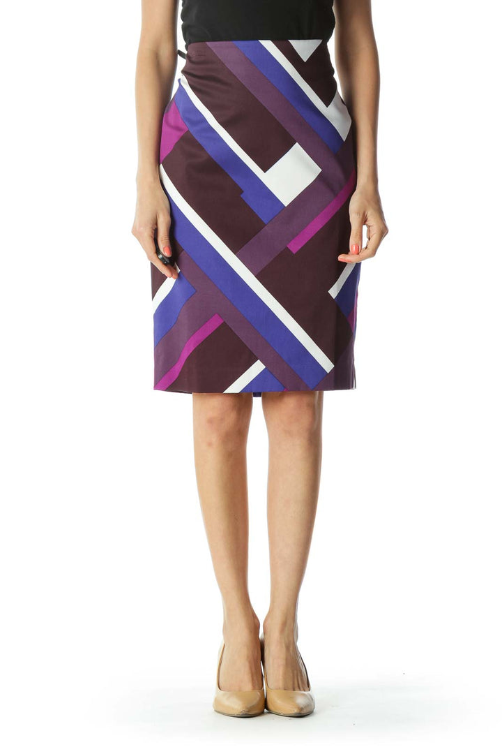 Purple, Blue, and White Geometric Print Skirt