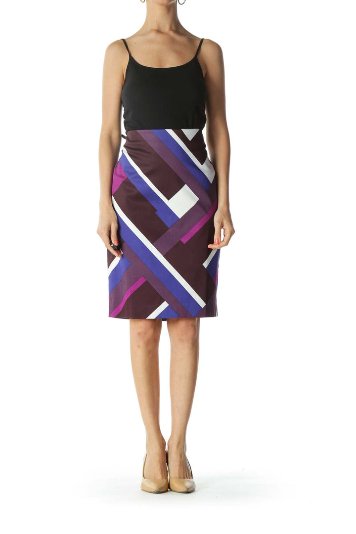 Purple, Blue, and White Geometric Print Skirt