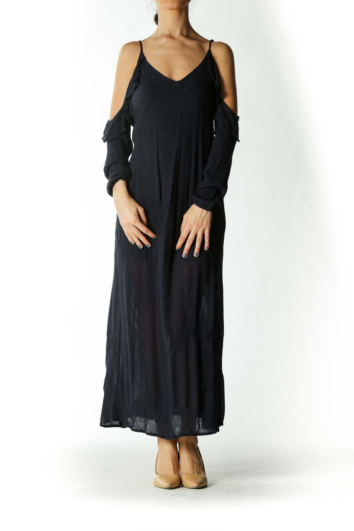 Navy Off-The-Shoulder Ruffle Neckline Maxi Dress