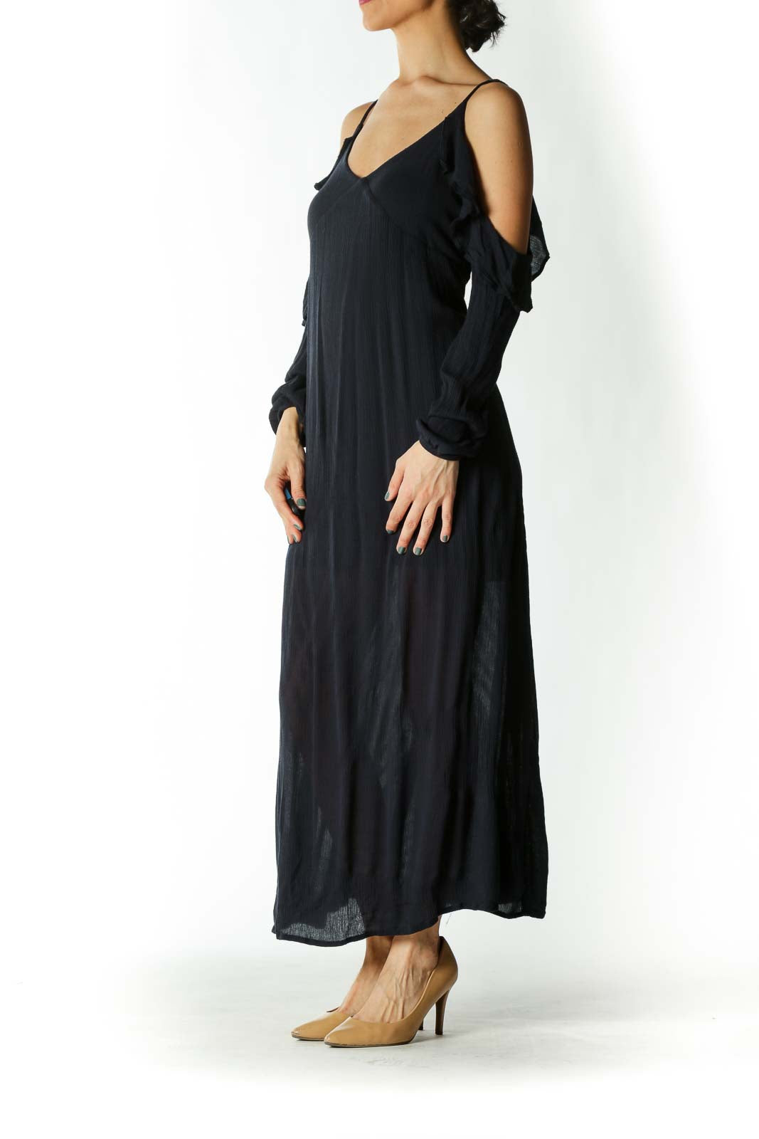 Navy Off-The-Shoulder Ruffle Neckline Maxi Dress