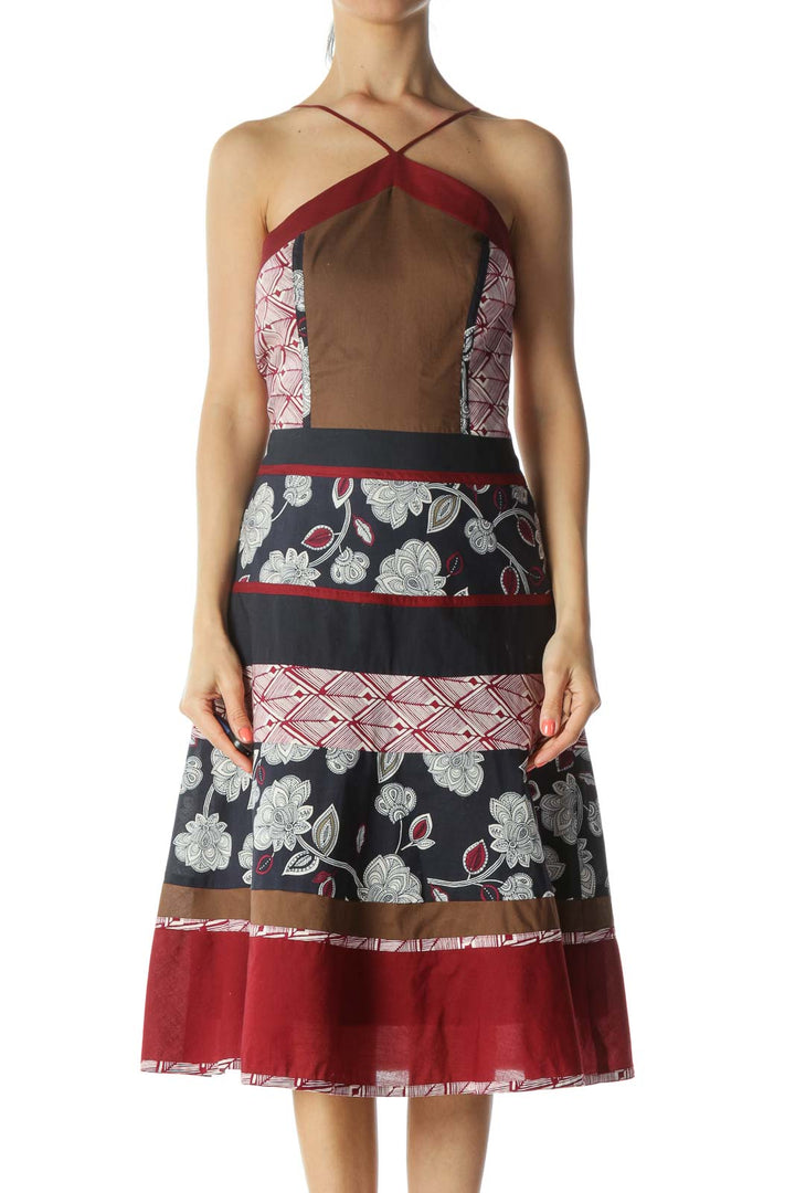 Navy, Burgundy and Brown Printed Halter Dress