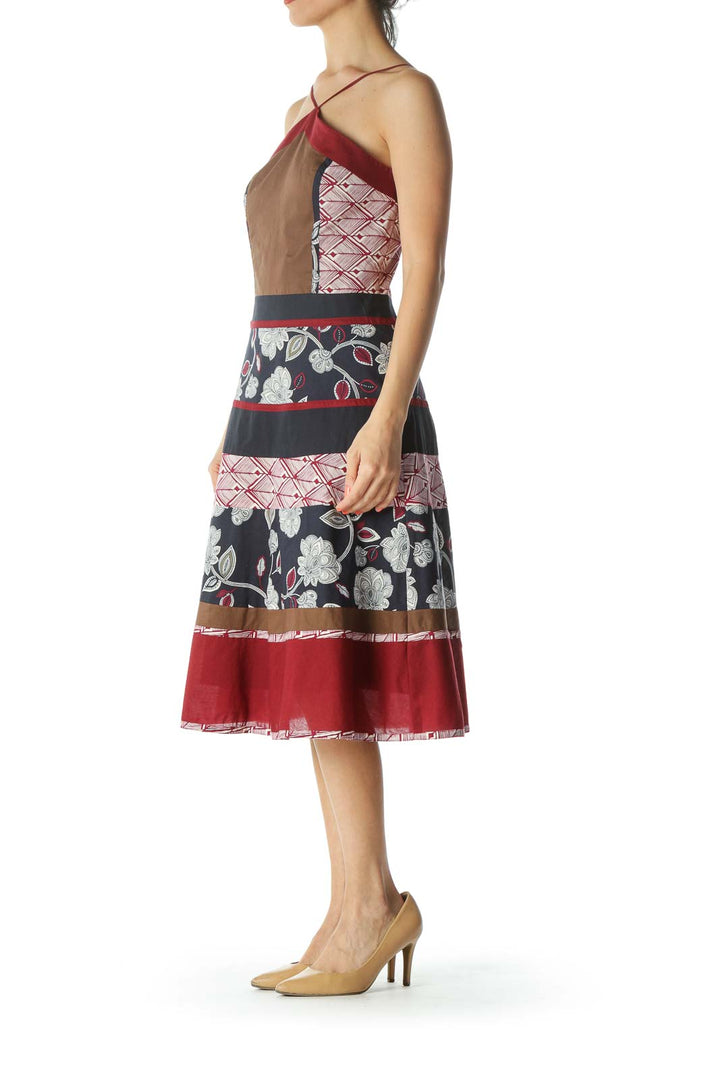 Navy, Burgundy and Brown Printed Halter Dress