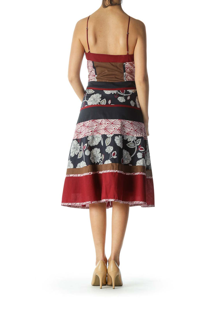 Navy, Burgundy and Brown Printed Halter Dress