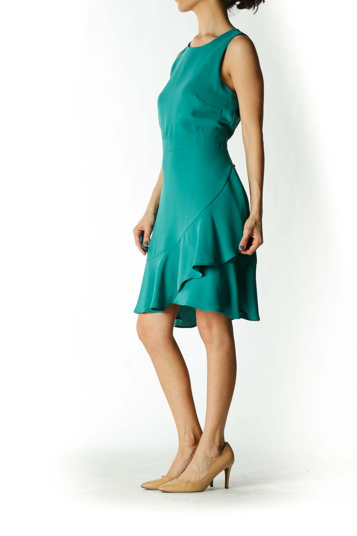 Emerald-Green Layered-Flare-Detail A-Line Work Dress