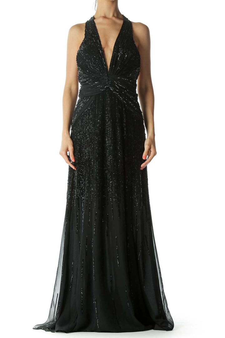 Black 100% Silk Sequined Halter-Neckline Front-Knot-Detail Evening Dress