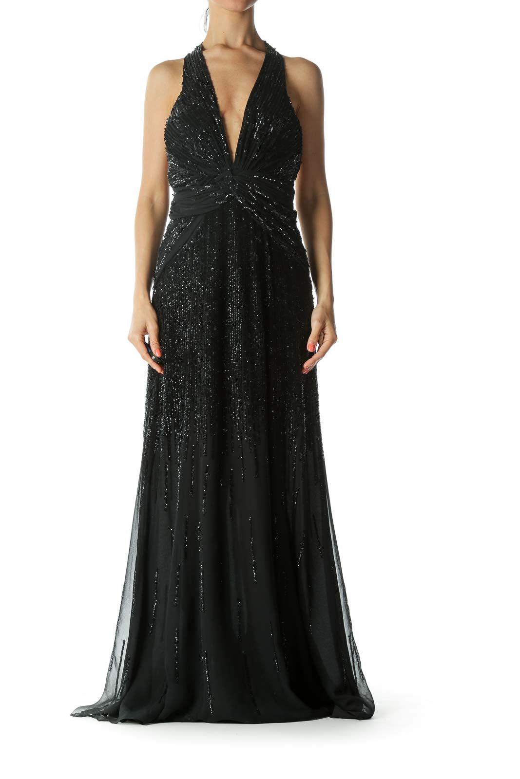 Black 100% Silk Sequined Halter-Neckline Front-Knot-Detail Evening Dress