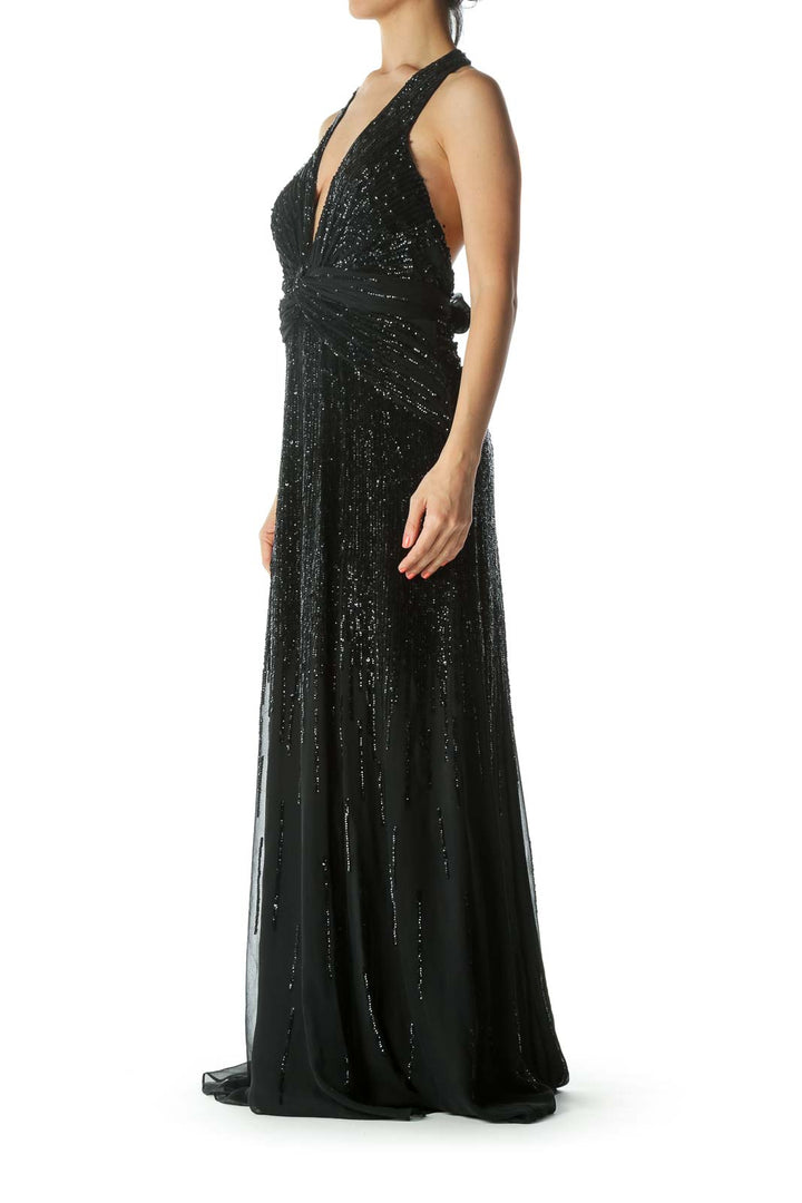 Black 100% Silk Sequined Halter-Neckline Front-Knot-Detail Evening Dress