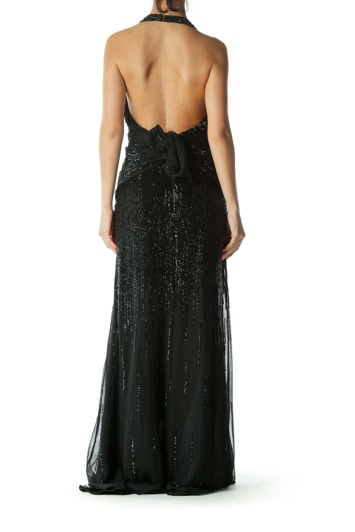 Black 100% Silk Sequined Halter-Neckline Front-Knot-Detail Evening Dress