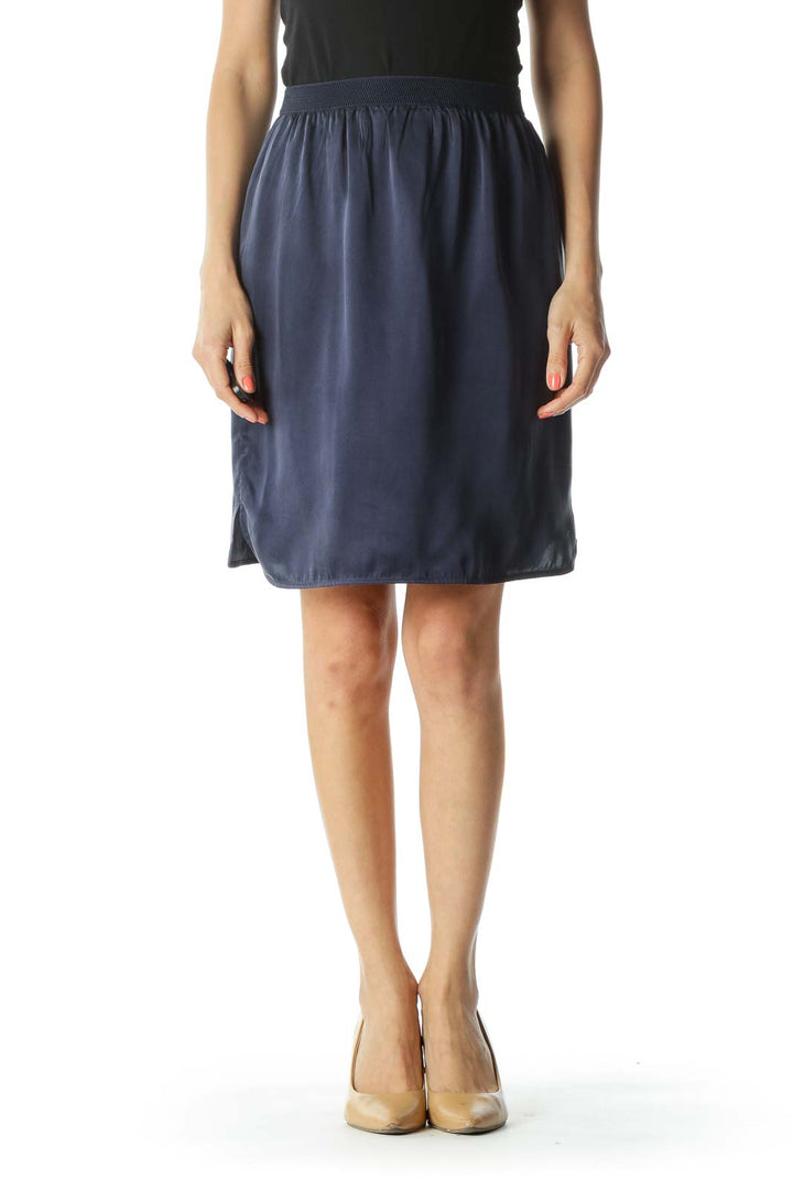 Navy-Blue Silk Textured-Elastic-Waist Lined Mini-Leg-Slit Skirt